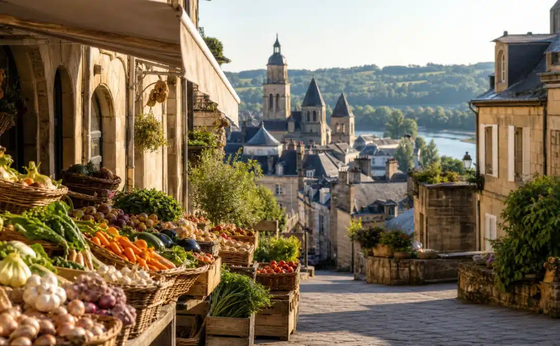 Historic streets, market stalls and greenery in Brive-la-Gaillarde, evoking local activities to discover.