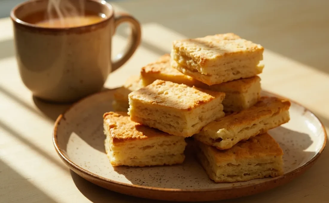 Pile de petits-beurre LU sur une assiette rustique près d'une tasse de thé