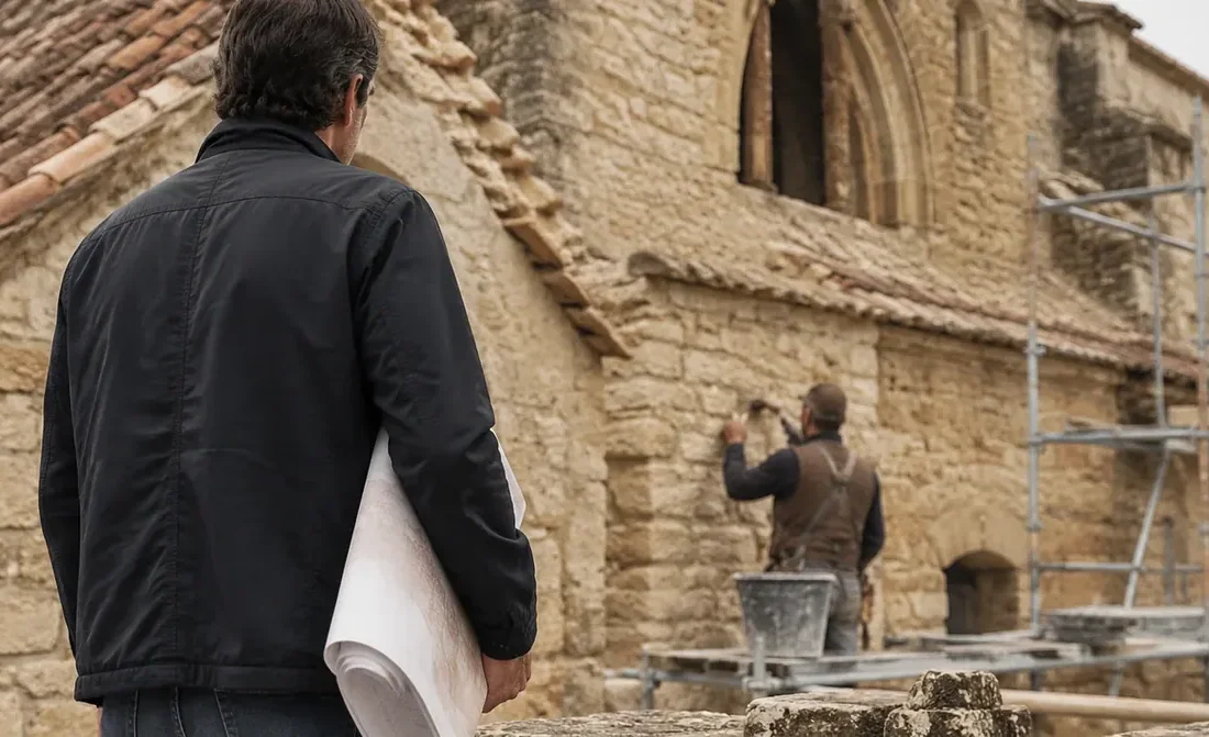Responsable du patrimoine inspectant la restauration d’une chapelle médiévale